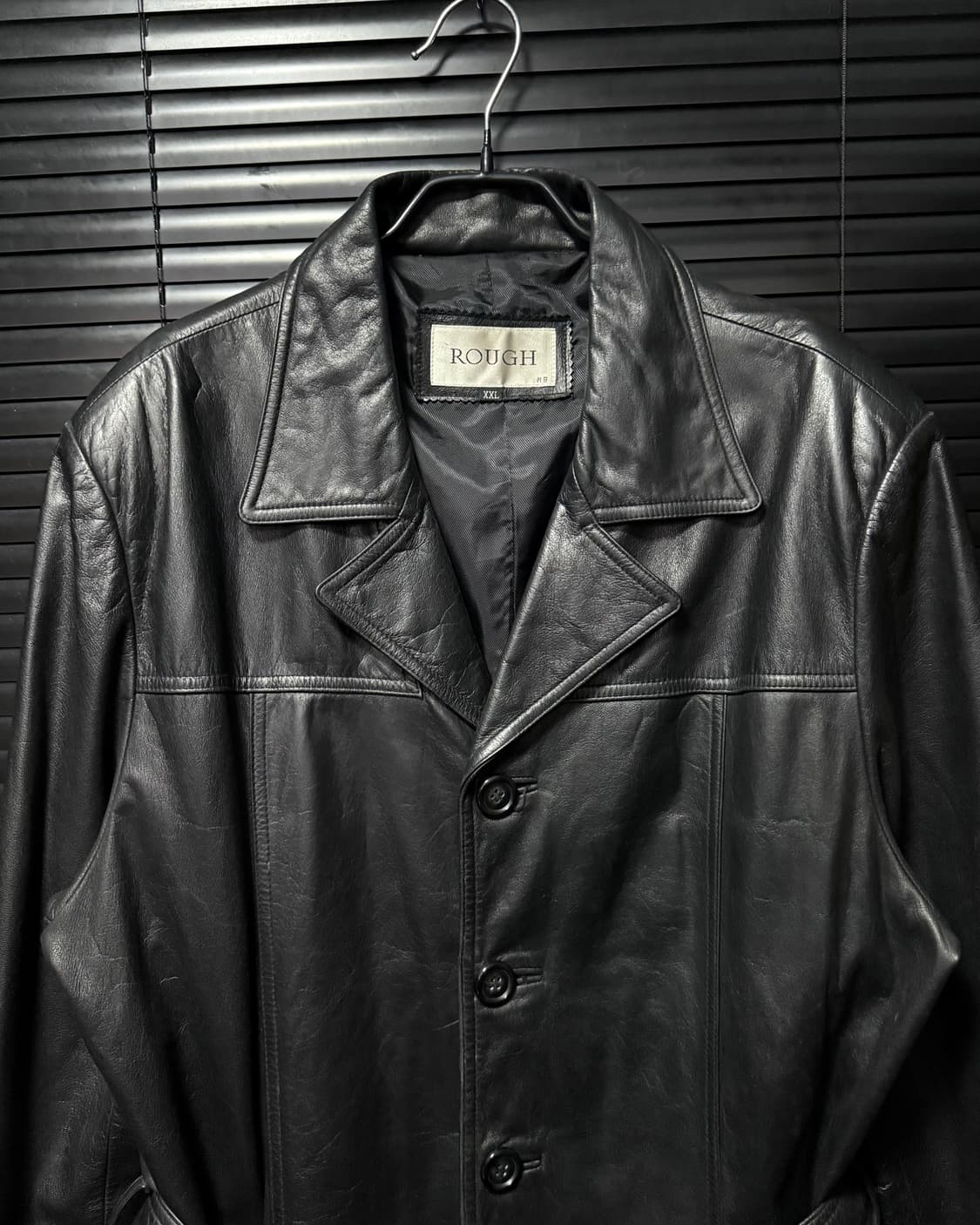 ROUGH 러프 소가죽 벨티드 벨트 고리 가죽 레더 롱 코트 오픈 카라  상품이미지4