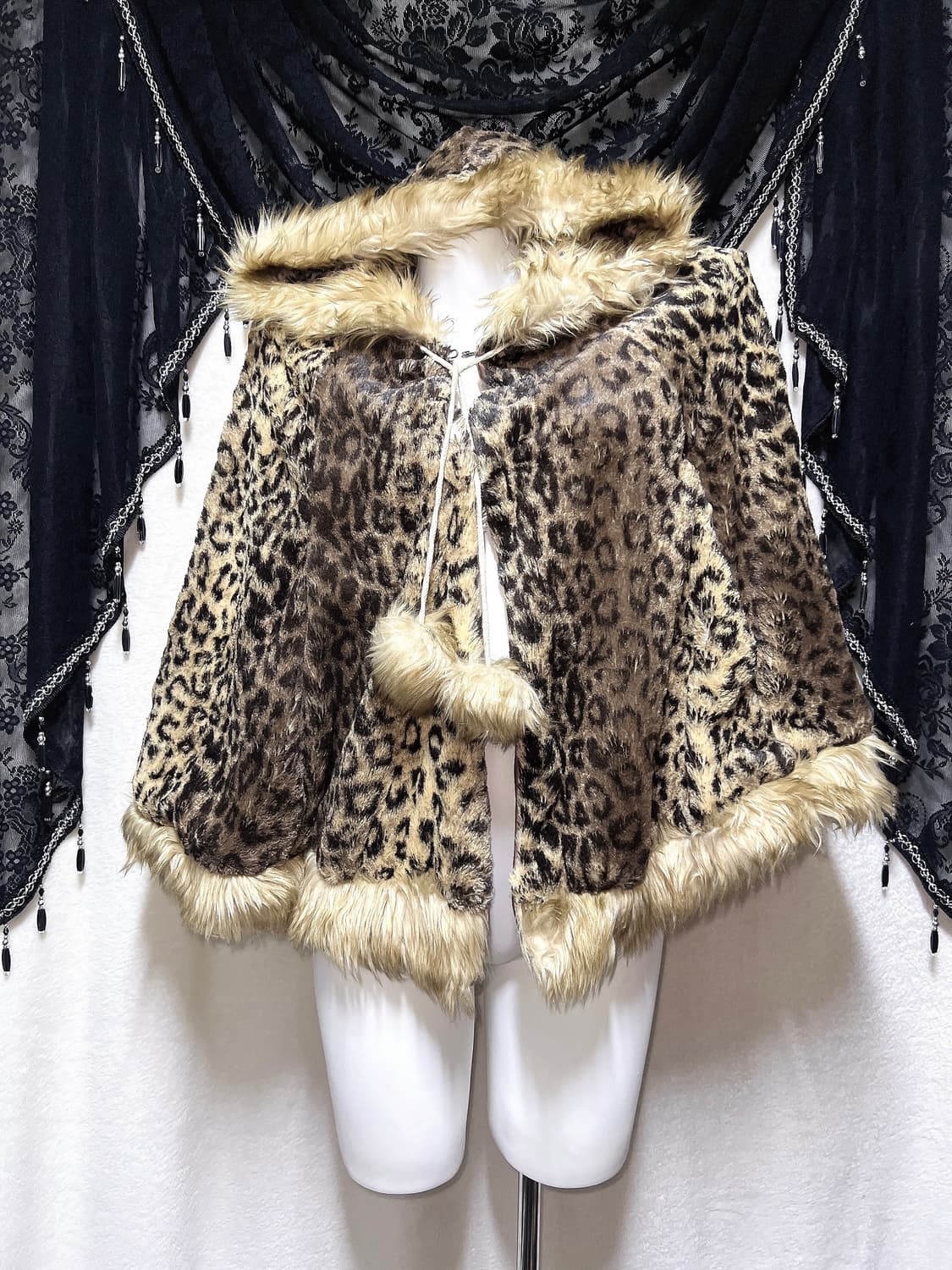 호피 레오파드 폼폼 퍼후드 케이프 망토 판초 오네갸루 라떼 핀터 펑크 상품이미지6