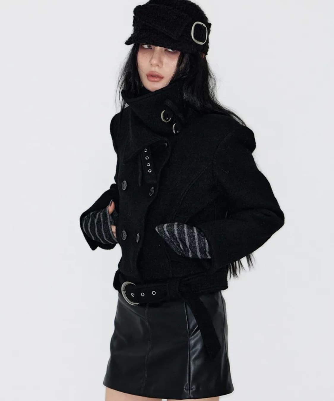 낫노잉 더블 버튼 하이넥 숏 코트 블랙 상품이미지2