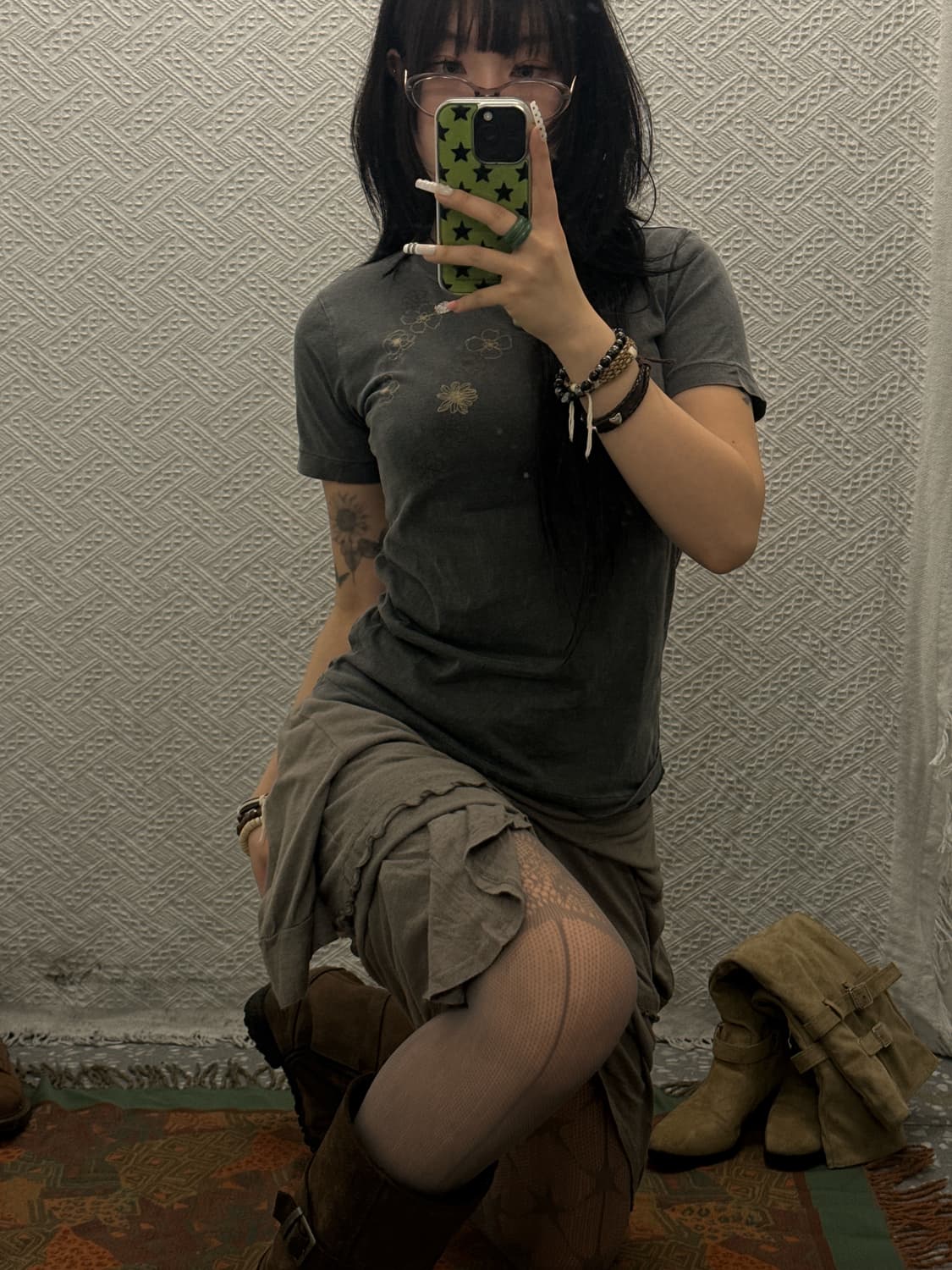 빈티지 보헤미안 히피 플라워 프린팅 딱붙핏 반팔티 K0050 상품이미지2