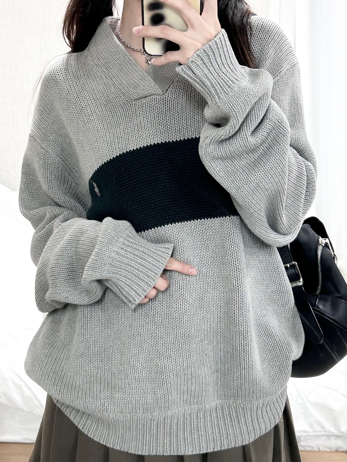 폴로스포츠 그린배색 그레이 숄카라 니트 상품이미지2