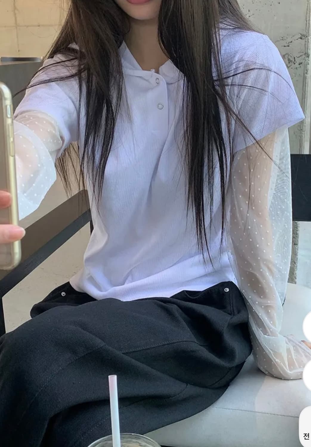 라밍 도트 시스루 후드 티셔츠 상품이미지3