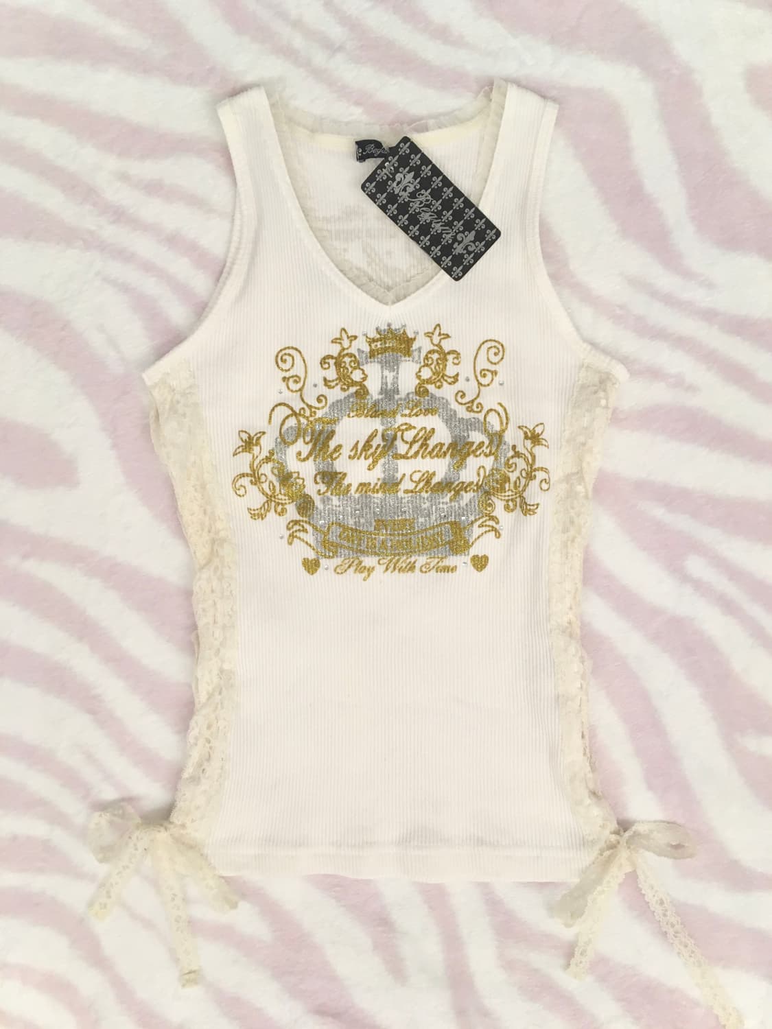 화이트 크라운 레이스업 리본 골지 슬리브리스 나시 갸루 큐빅 상품이미지7