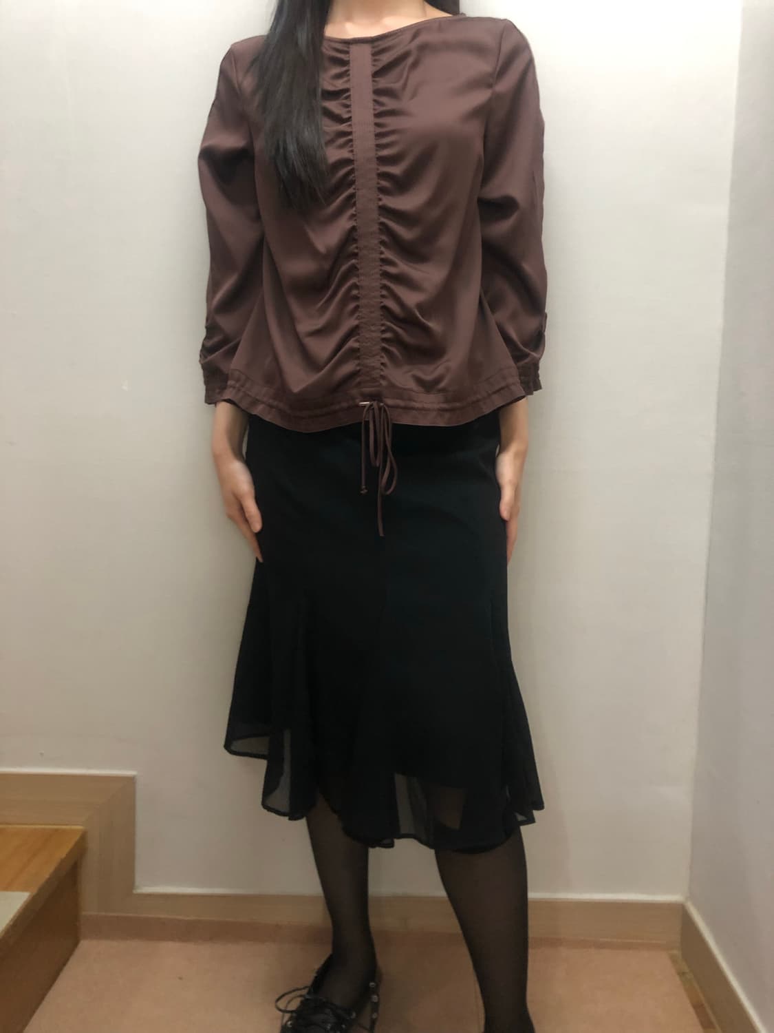 빈티지 브라운 셔링 블라우스 상품이미지3