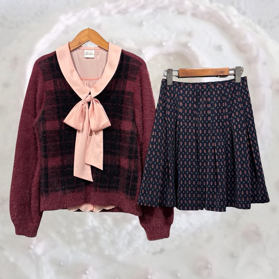 일본 빈티지 버건디 클래식 체크 프레피 브이넥 앙고라 퍼 니트 상품이미지4