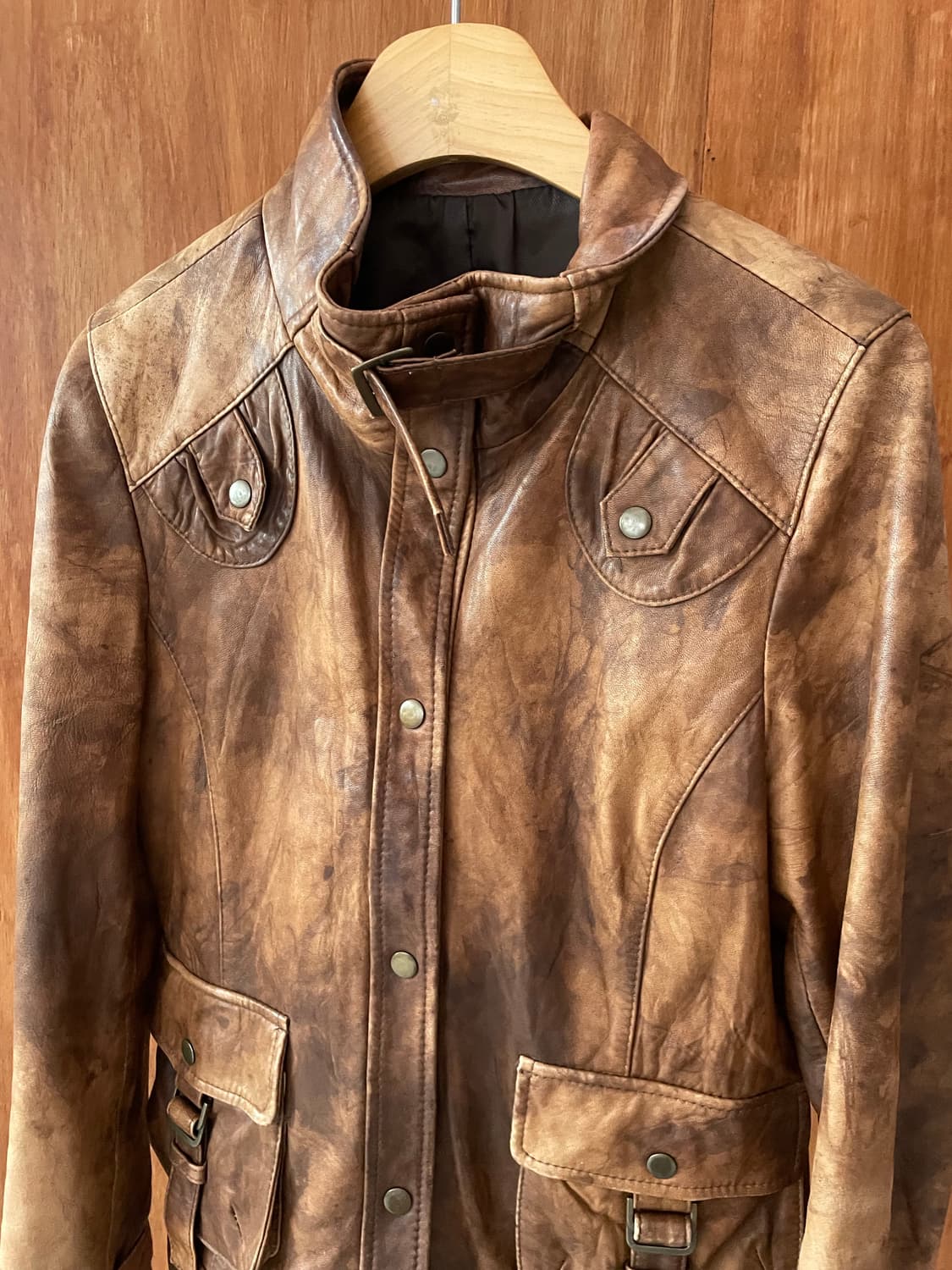 Brown washing sheepskin leather jacket 상품이미지5