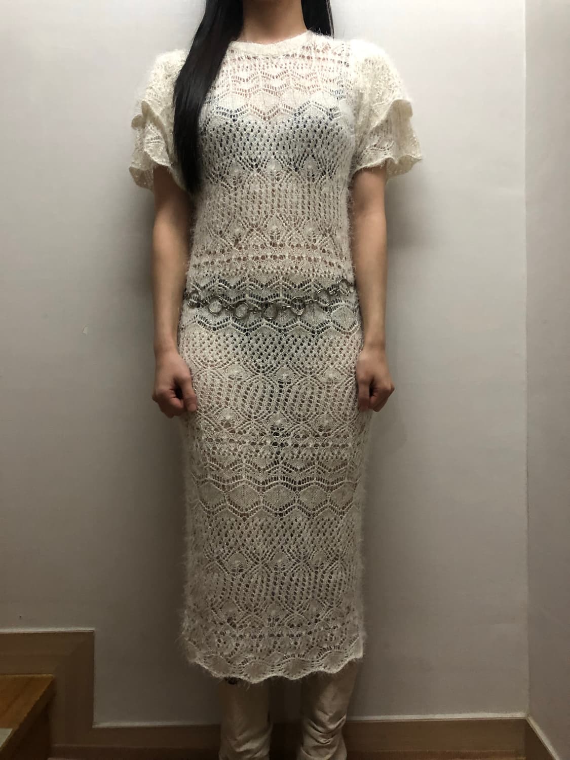 빈티지 화이트 프릴 글리터 니트 원피스 상품이미지6