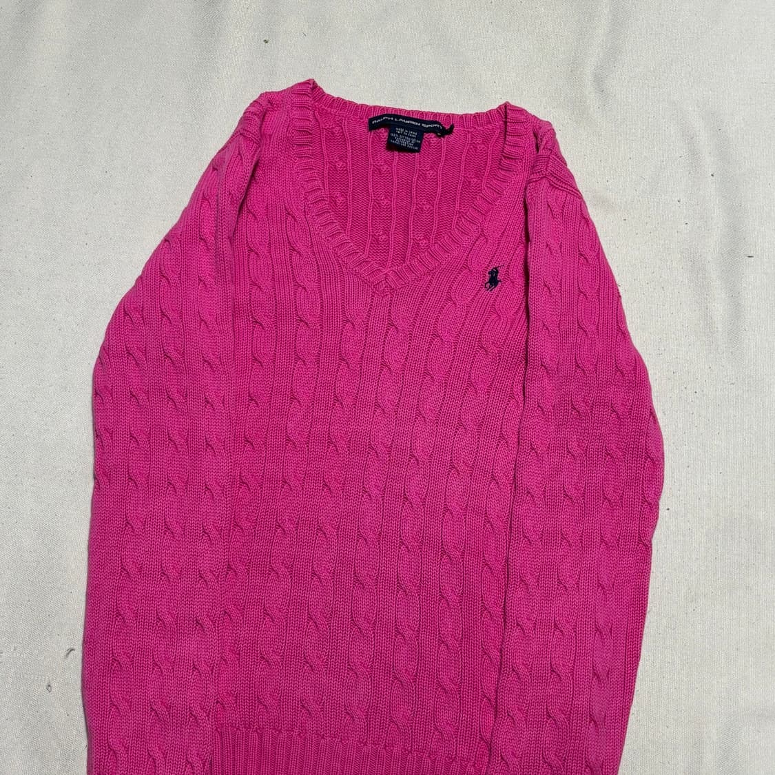 M 폴로랄프로렌 여성용 핑크 브이넥 케이블 니트 상품이미지1