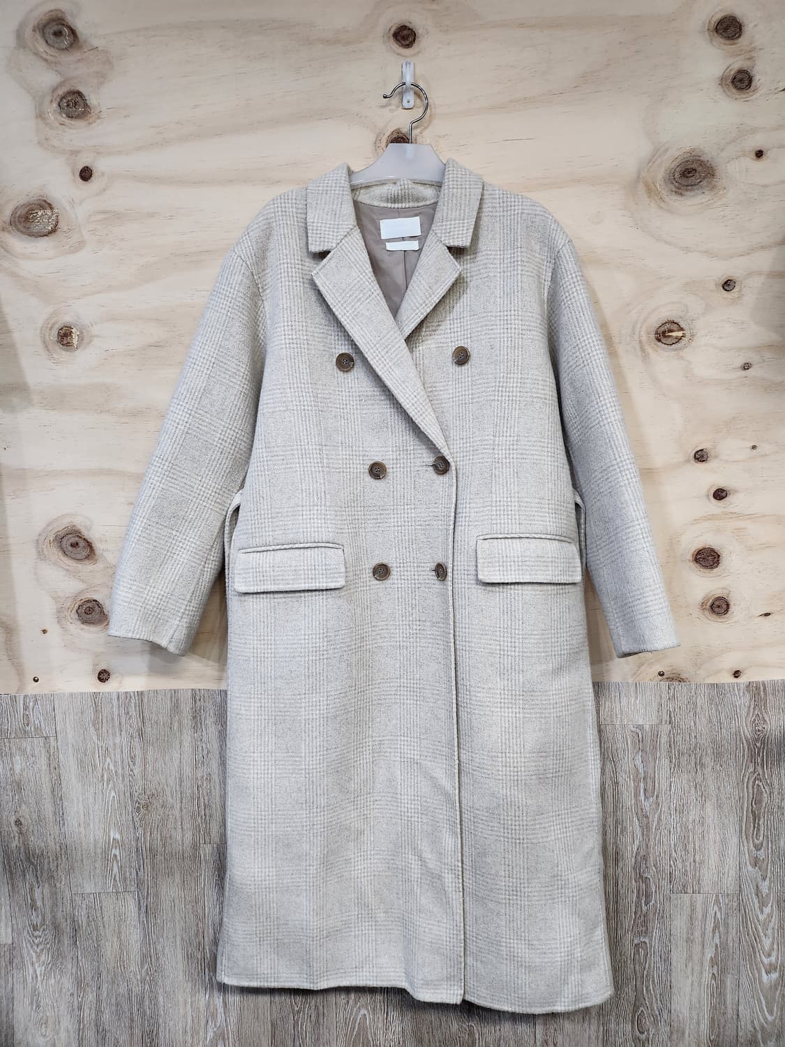 1076) D.AMBER 울90 체크 더블 롱코트 아이보리 상품이미지1