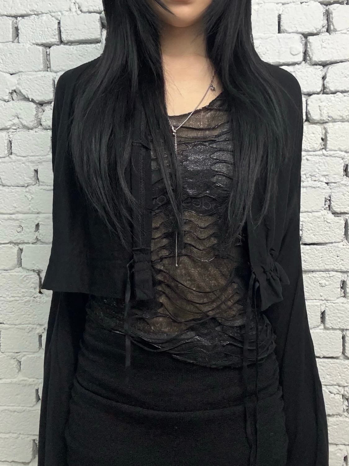 Noir Shirring Mesh Draped Cardigan 상품이미지2