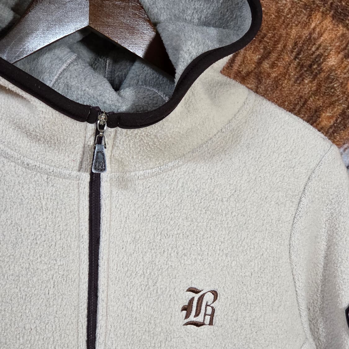 빈티지 베이지 브라운 배색 후리스 후드집업 상품이미지2