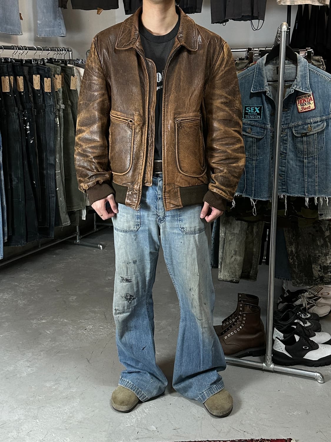 90's 빈티지 레더 봄버 자켓 빈티지 A2 디스 레더 자켓 상품이미지2