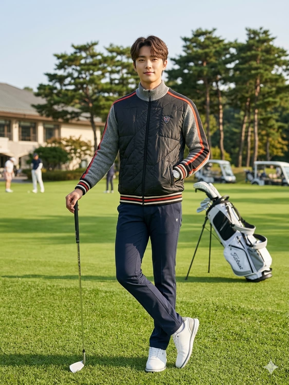 헤지스골프 앞면 퀼팅 패딩 배색 니트 집업 상품이미지1