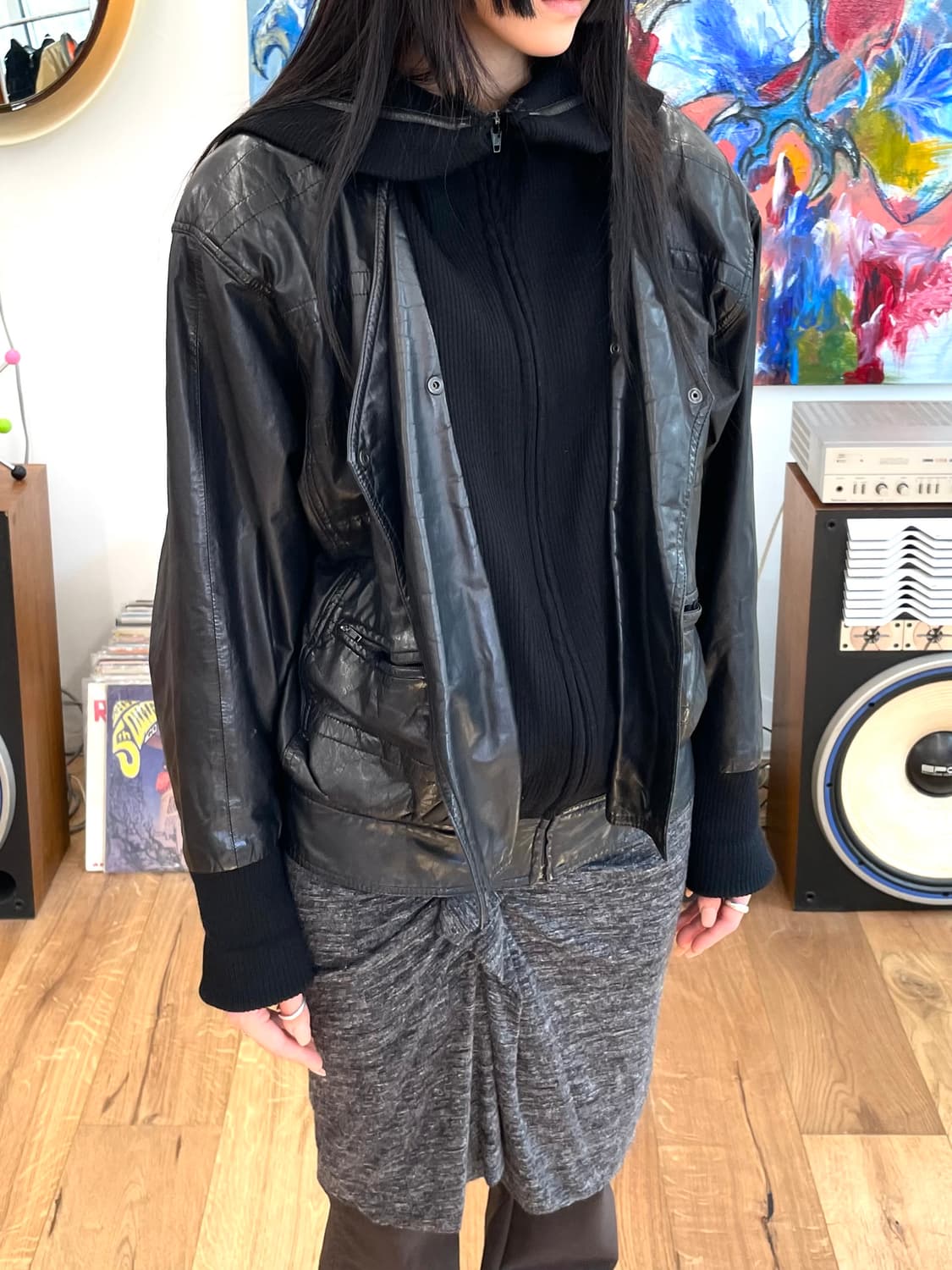 [M] 80s 레더 후드 자켓 상품이미지3