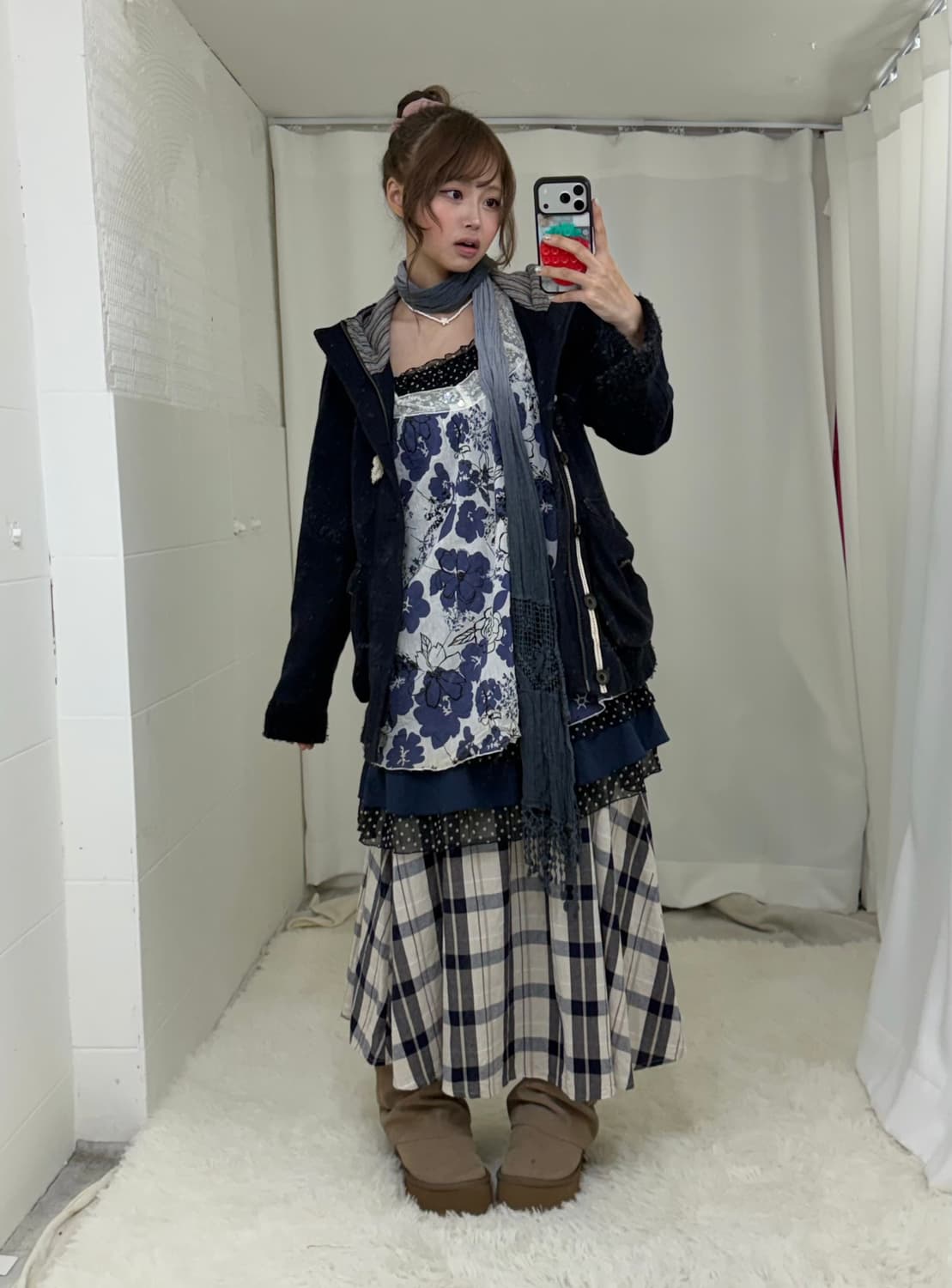 네이비 플라워패턴 체크 도트 하구미 오프숄더 모리걸 코디세트 상품이미지1