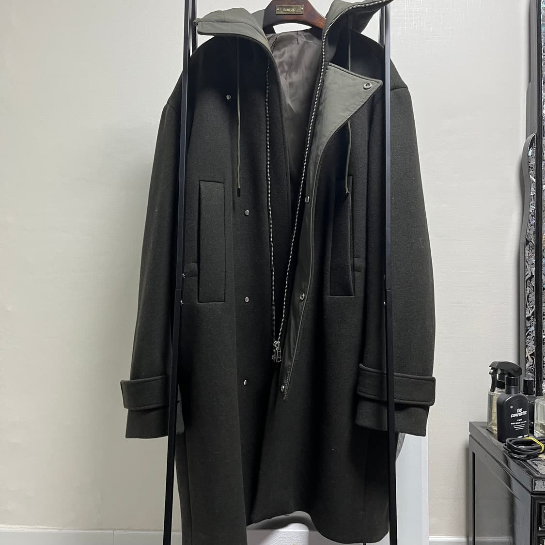 정품 46) 준지 Juun.j 투톤 카키 후드 롱 코트 상품이미지1