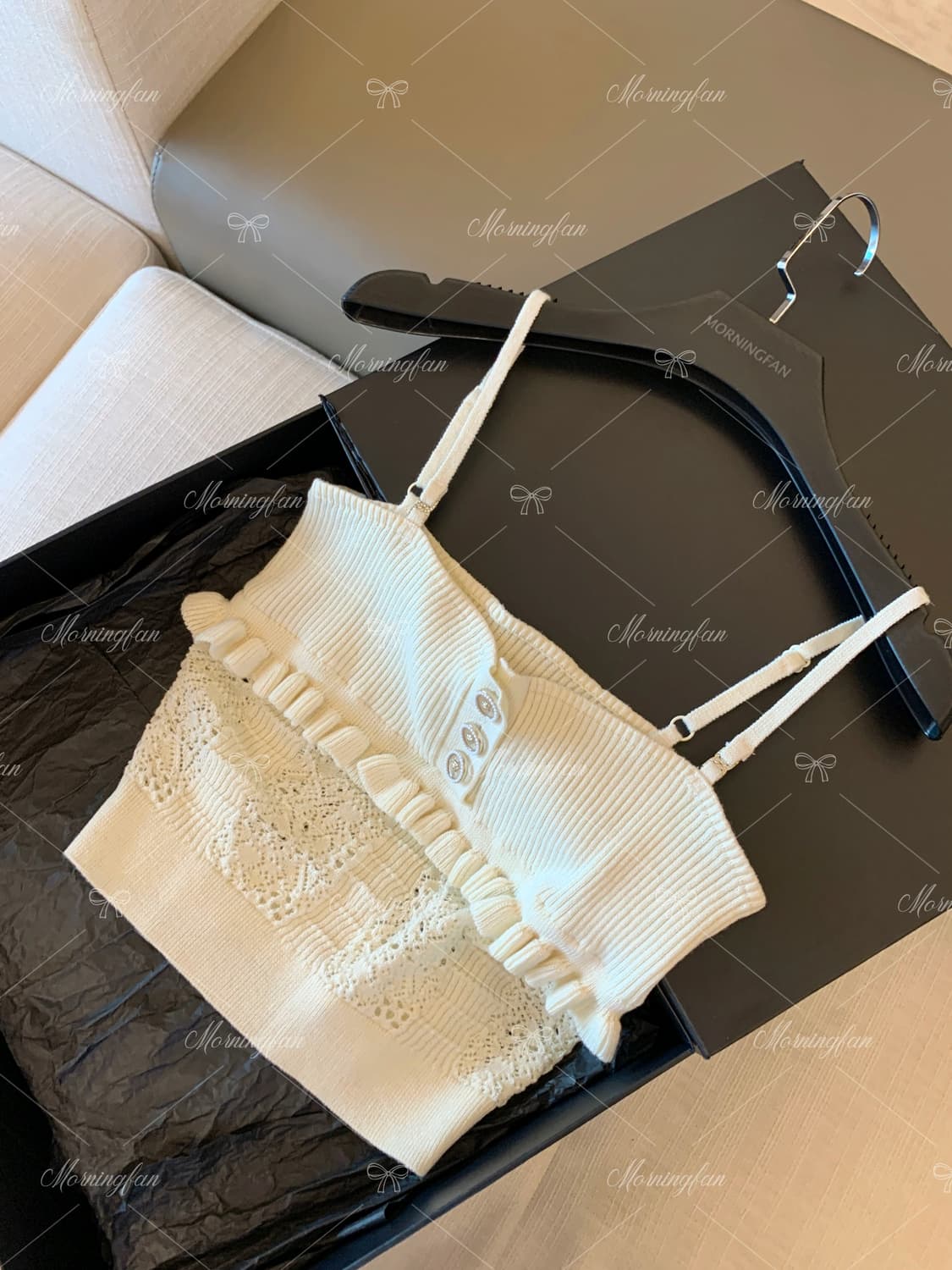 MORNINGFAN 플리터 커스텀 레이스 니트 슬리브리스 탑 가디건 투피 상품이미지5