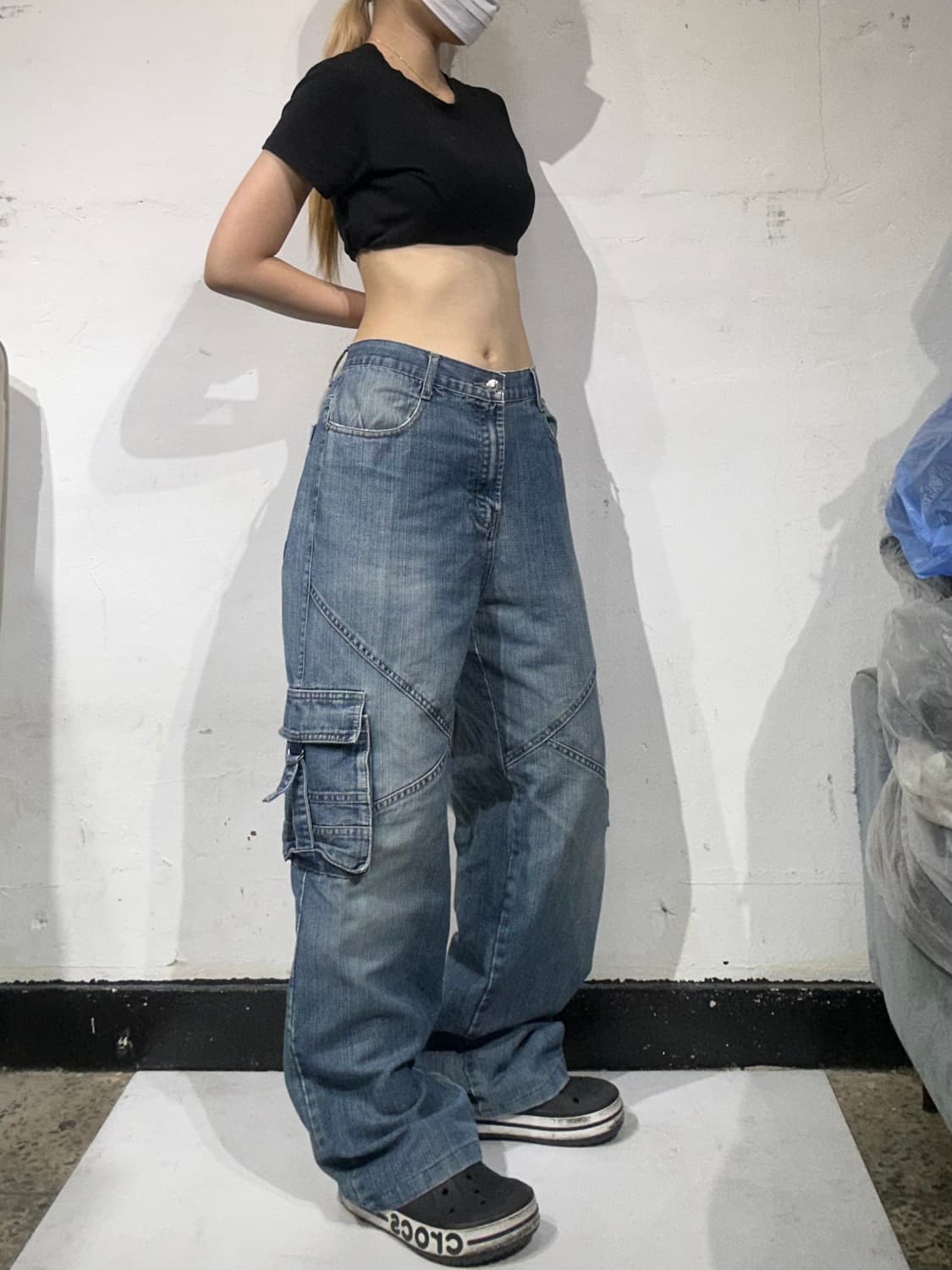 빈티지 중청 데님 카고 와이드 팬츠  상품이미지1