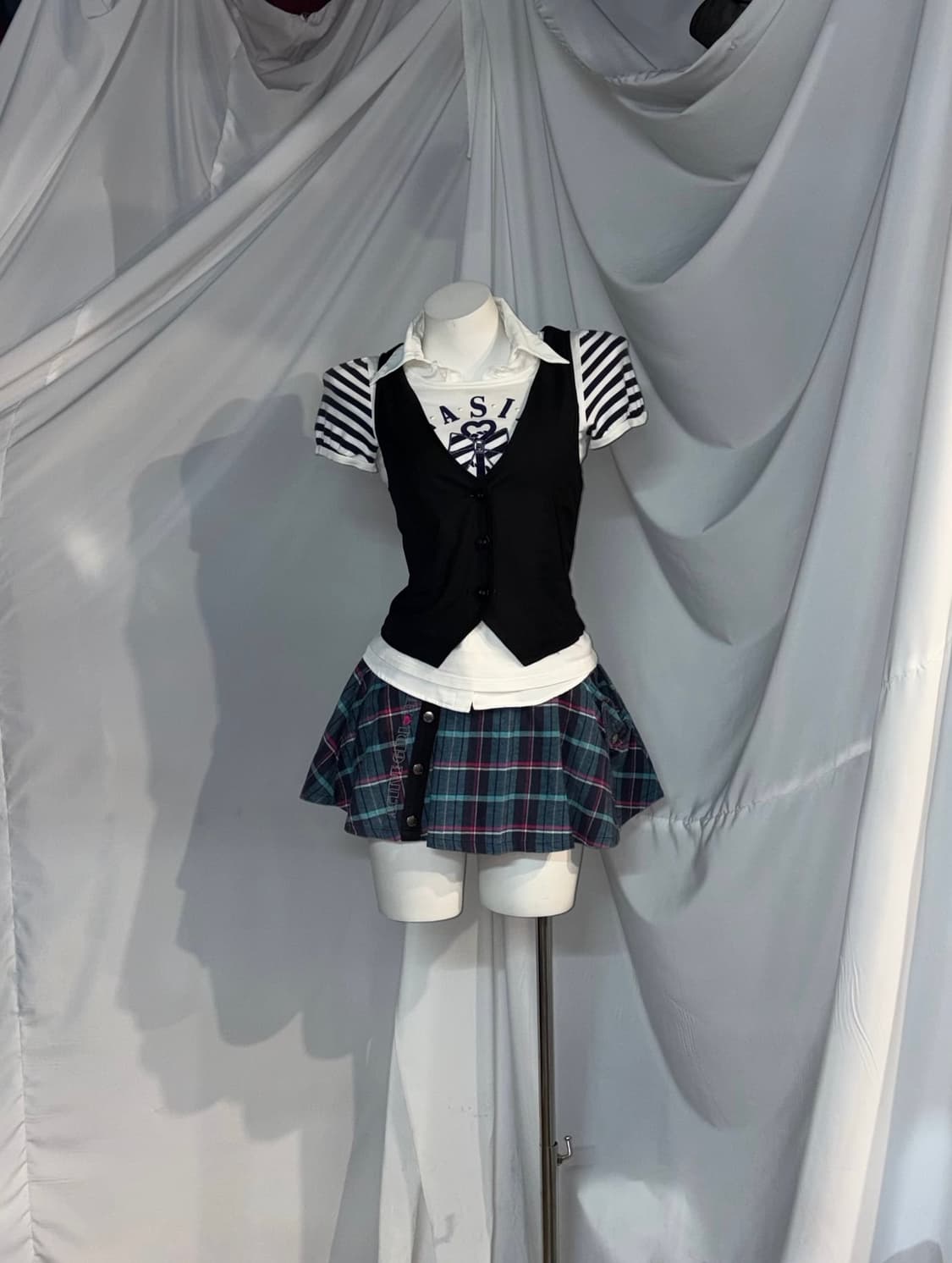 블루체크 도트  니혼진 스쿨 프레피 코디세트  상품이미지9