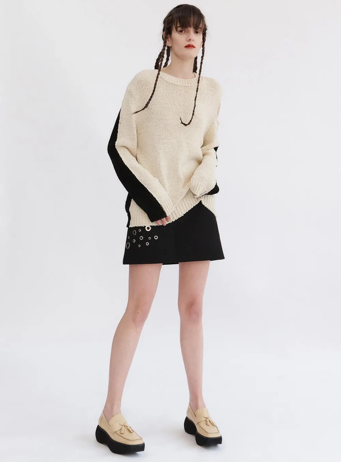 Open yy cut out color block knit top 상품이미지2