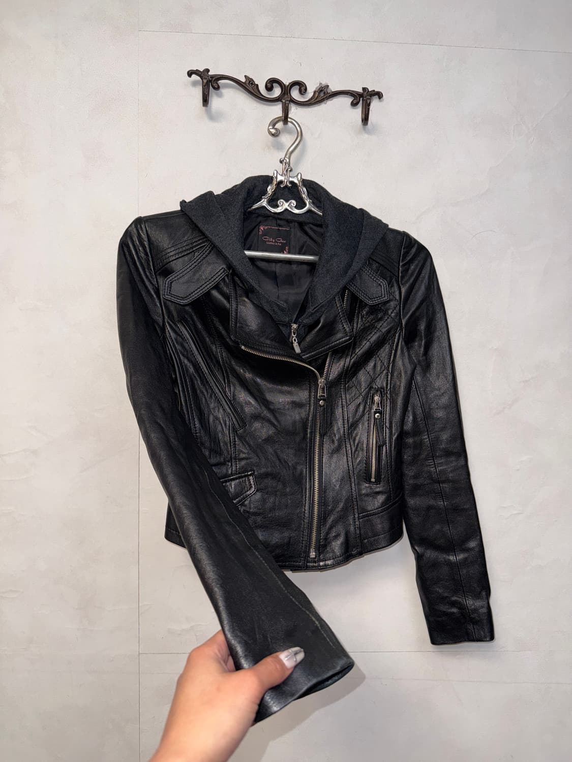 Black lamb skin hood rider jacket 상품이미지2