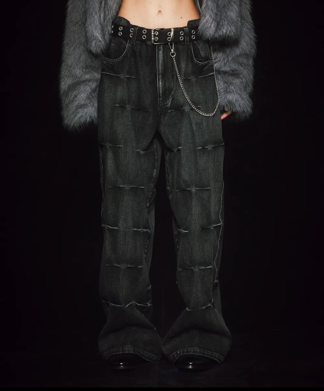 톤슬 워싱 플리츠 밴딩 데님 팬츠 블랙 상품이미지1