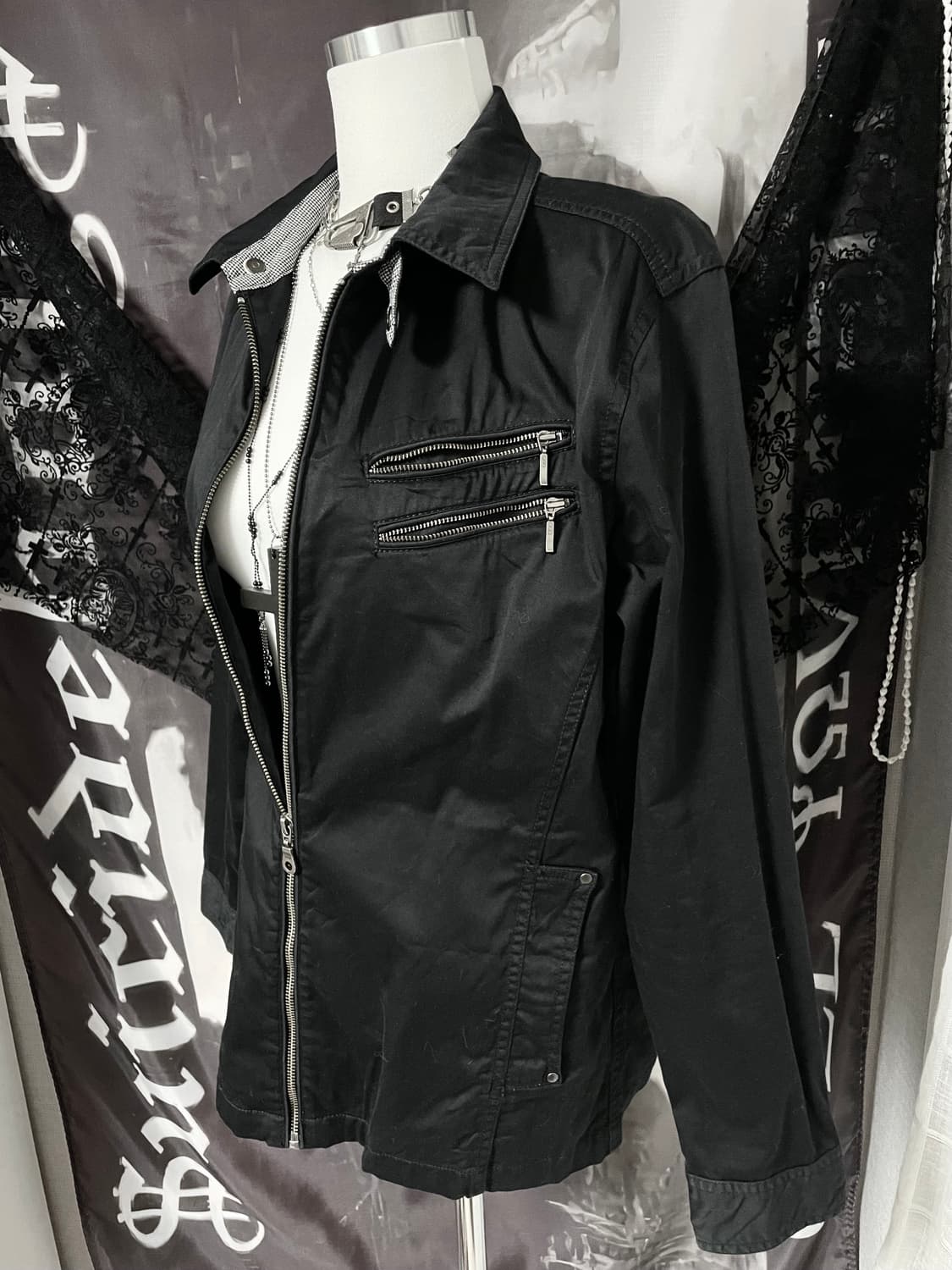 하이넥 사선 투지퍼 디테일 코튼집업 라이더락시크유니섹스ekam 00s 상품이미지3