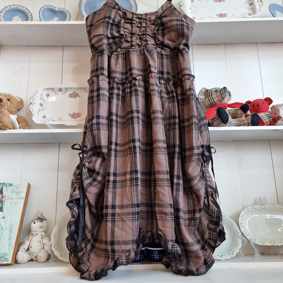 체크 뷔스티에 롱 원피스 브라운 상품이미지4