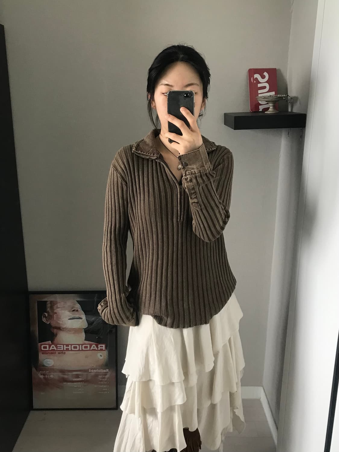 JPN 카라 골지 브라운 니트 반집업 상품이미지3