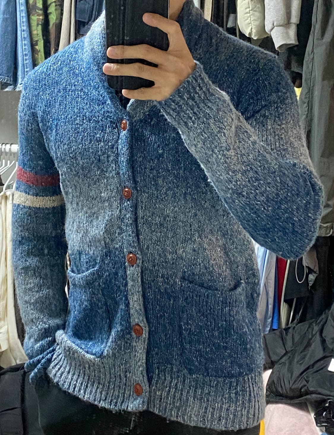 빔즈 하트 숄카라 스웨터 니트 가디건 블루 M 상품이미지7