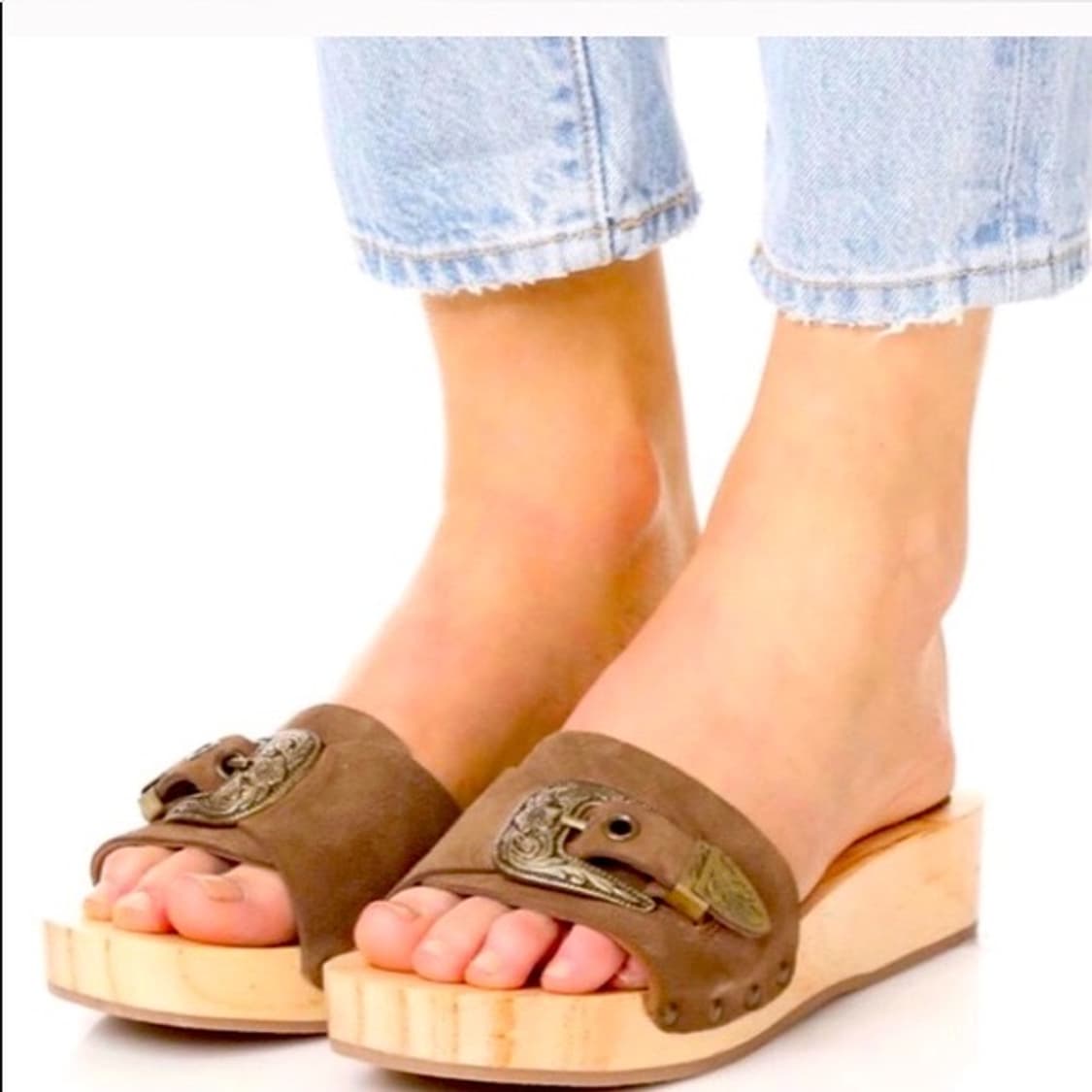 프리피플 웨스턴 버클 스웨이드 슬라이드 우든 샌들 상품이미지5