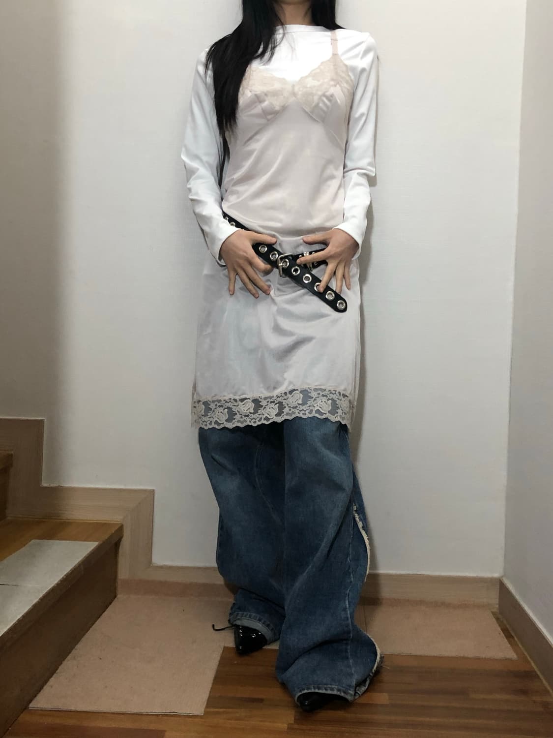 빈티지 라이트그레이 프릴 슬립 원피스 상품이미지4