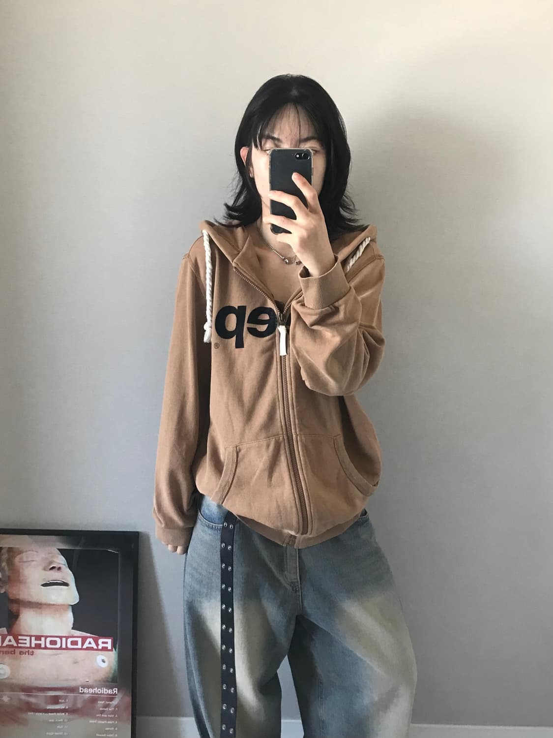 지프 중앙 로고 써멀 카멜 후드집업 상품이미지4