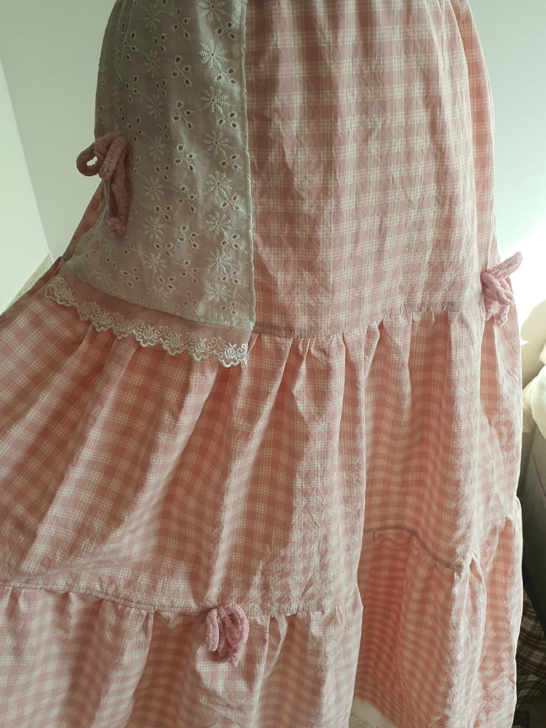 [핸드메이드] 핑크 체크 캉캉 롱 스커트 레이스 상품이미지2