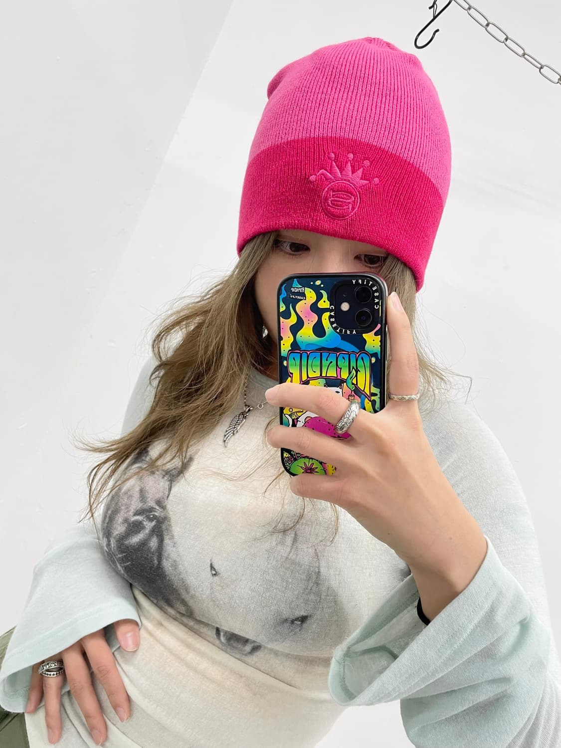 스투시 핑크 스컬캡 로고 자수 비니 상품이미지2