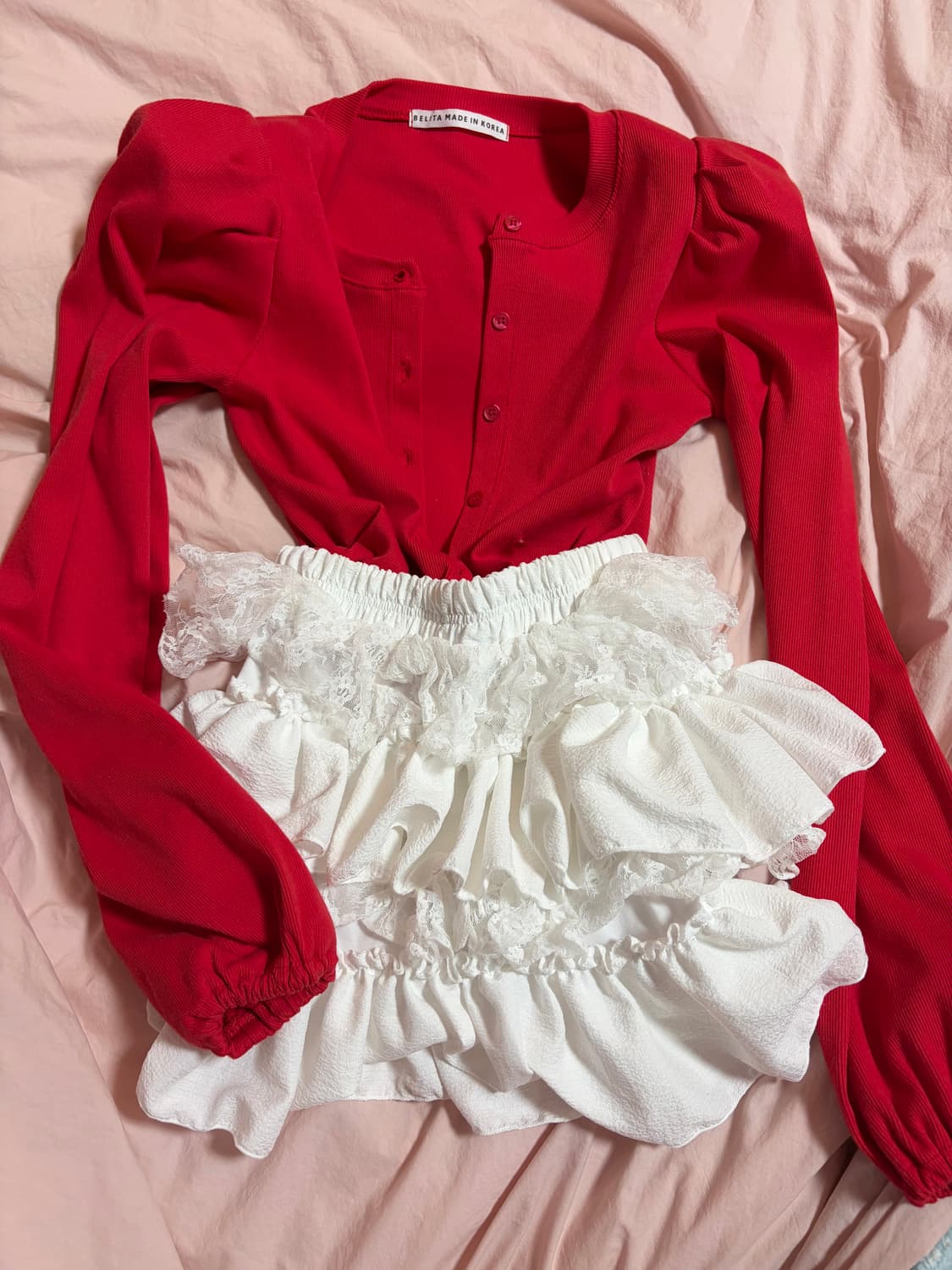 레드 퍼프가디건 (미니탑세트)거의새옷/어깨패드 상품이미지2