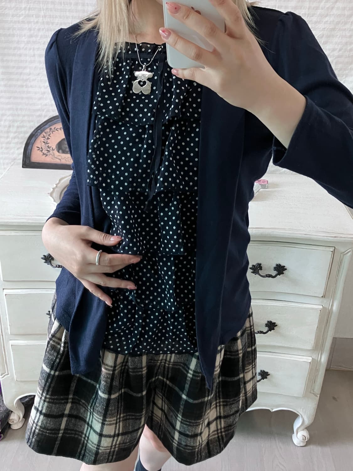 jpn vintage 네이비 도트 프릴 블라우스 롱 슬리브 상품이미지4