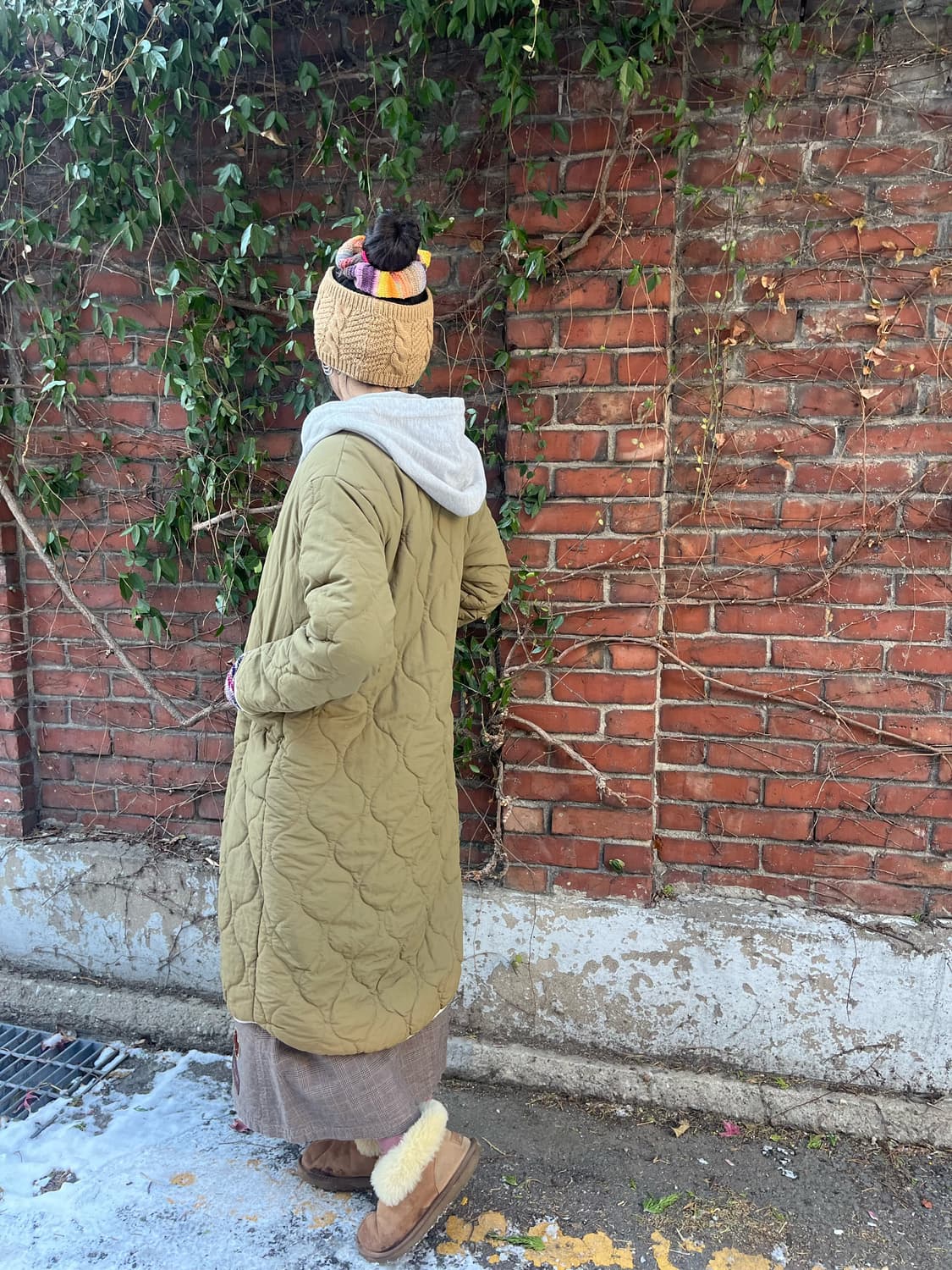 카키 퀼팅 플리스 후드 아우터 상품이미지4