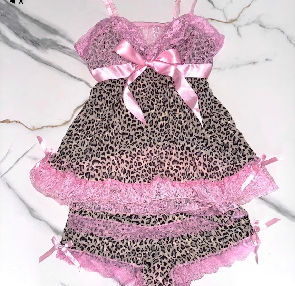 빈티지 핑크 호피 리본 레이스 슬립 슬리브리스 세트 히메갸루 ma*rs 상품이미지1