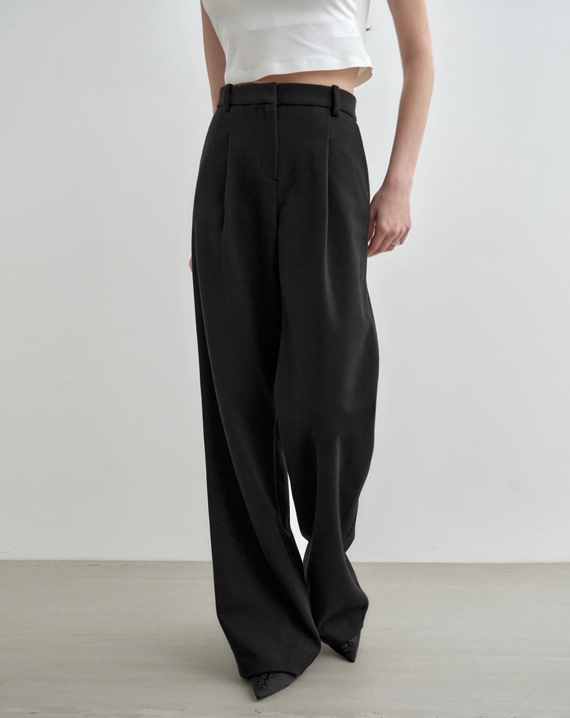 (택O/새상품) 몽돌 원 턱 와이드 슬랙스 블랙 S 상품이미지2