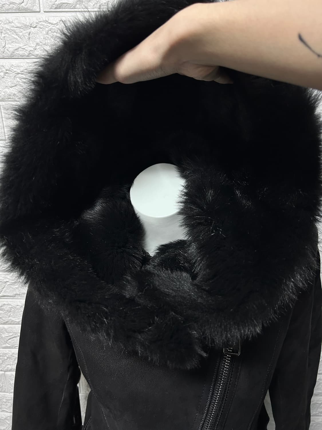 비대칭 시어링 후디 레더 롱 코트 상품이미지5