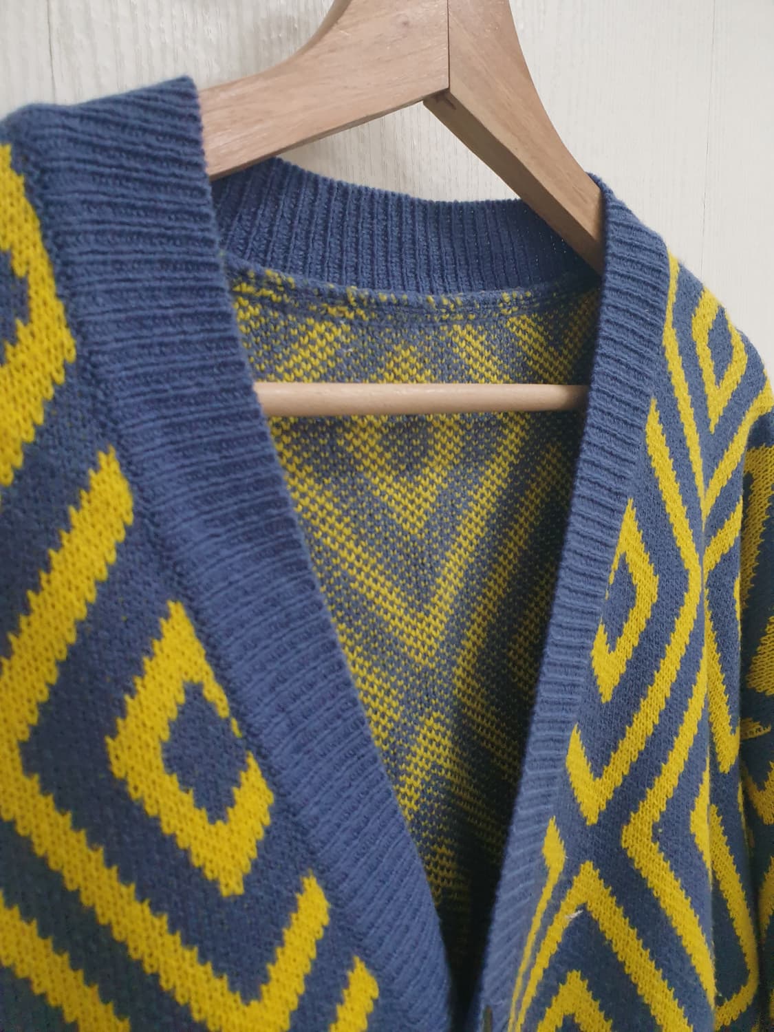 블루 옐로우 다이아 패턴 니트 가디건 XL 상품이미지4