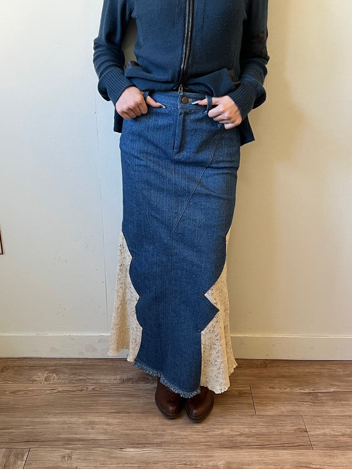 Pink Papillon 데님 프릴 롱 스커트 상품이미지4