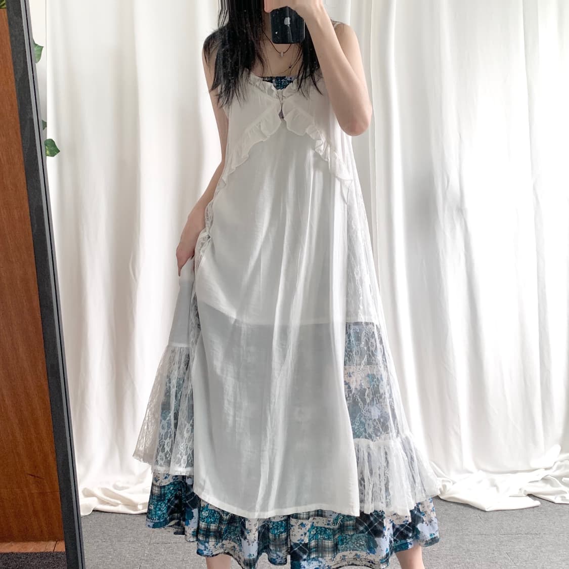 네이비 패치워크 롱 원피스 화이트 레이스 패치 원피스 상품이미지6