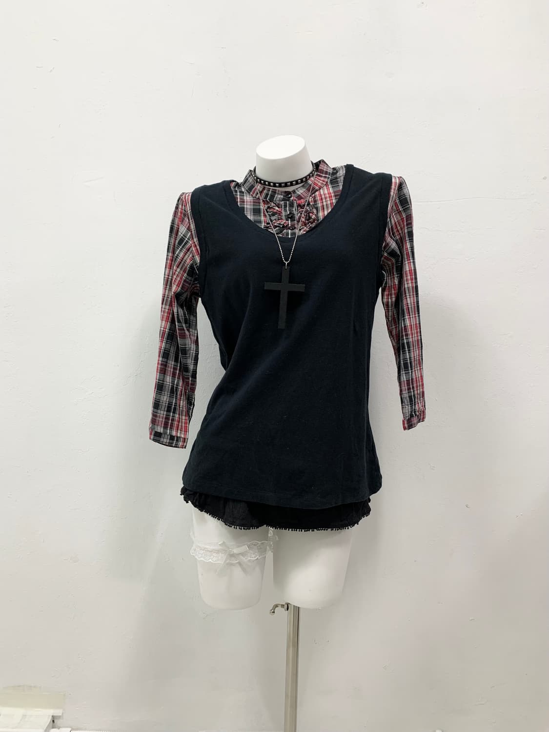 [WILD CHILD] 고스 펑크 고딕 체크 미사 니트 셔츠  상품이미지1