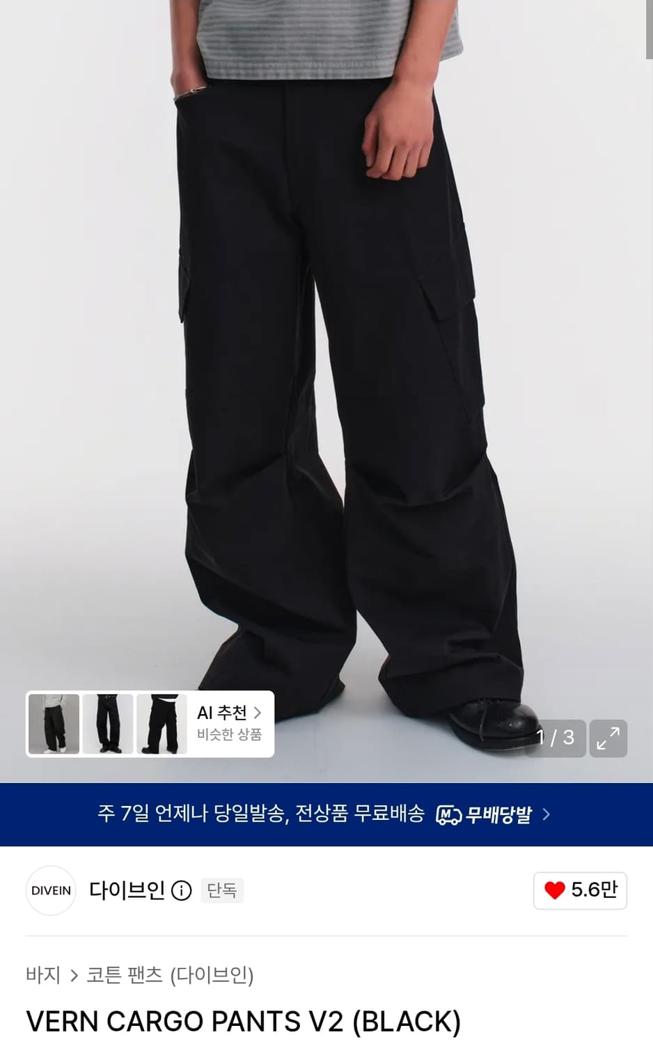 다이브인 베른 카고 팬츠 블랙 상품이미지1