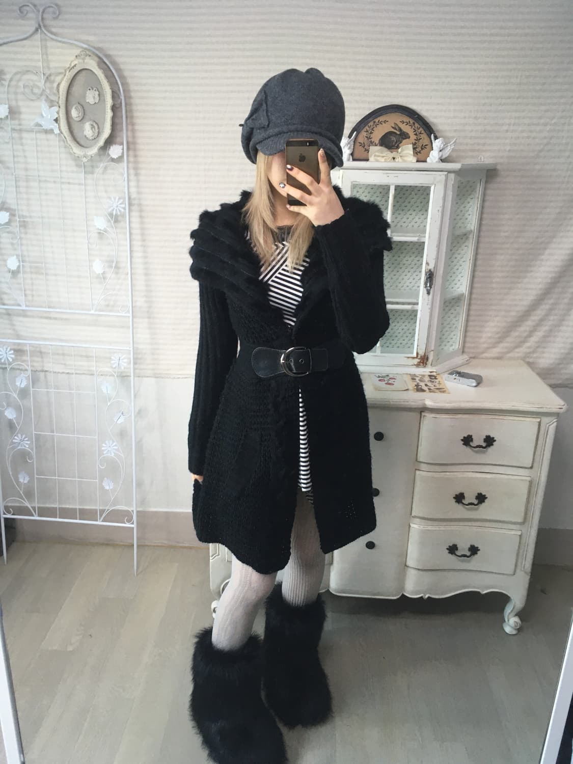 일본빈티지 블랙 퍼 카라 벨티드 가디건 상품이미지1