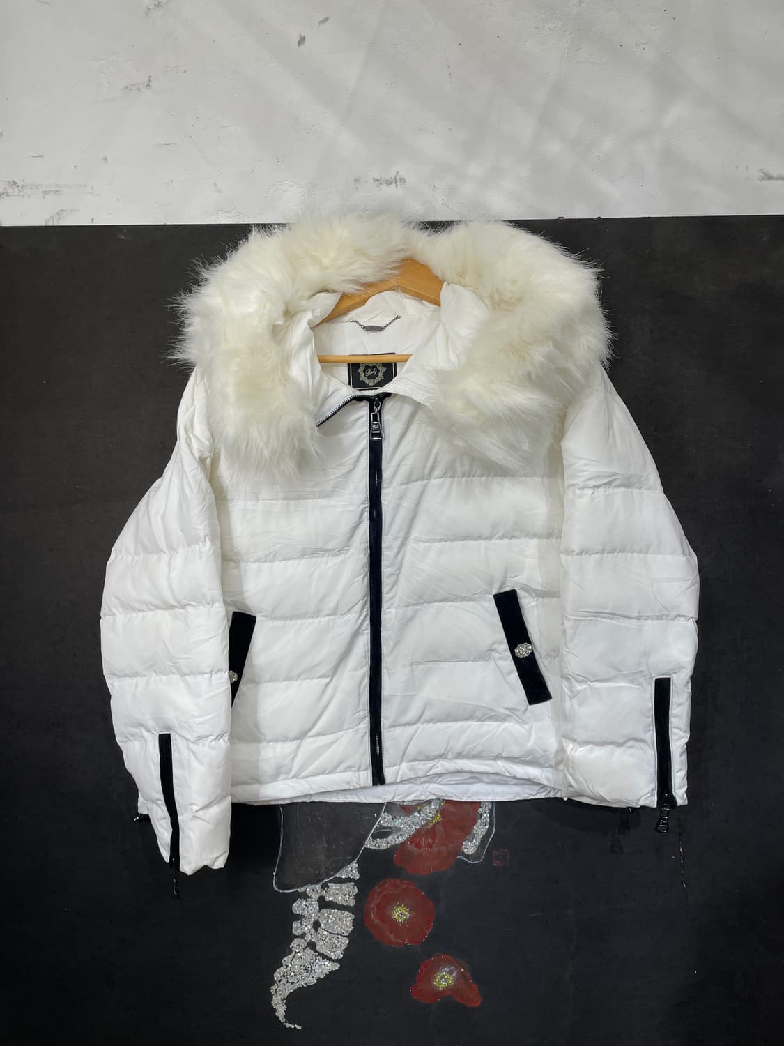 일본빈티지 울프죠 퍼 후드 화이트 패딩 점퍼 M 상품이미지5