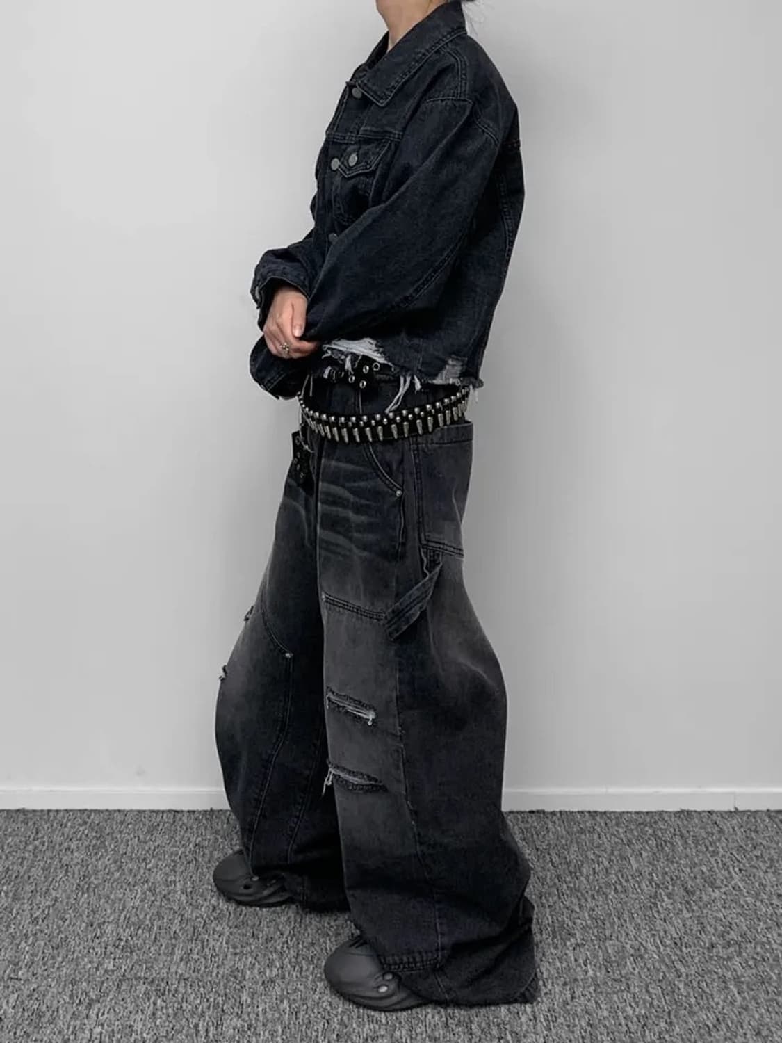 리벳 카펜터 데미지 와이드 데님팬츠 상품이미지2