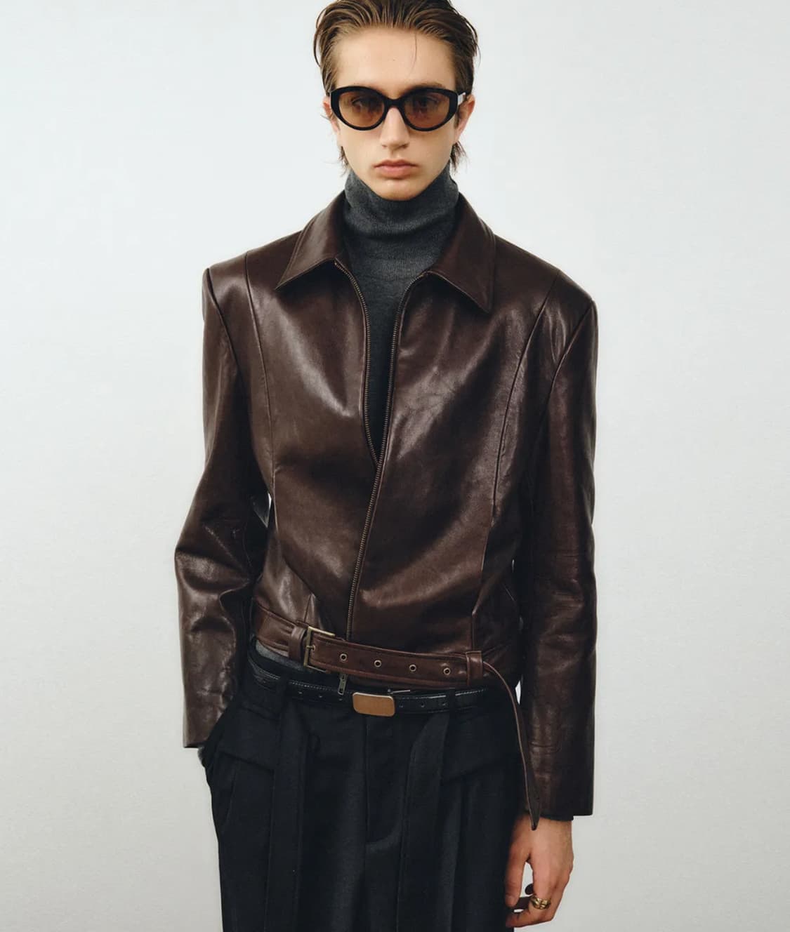 램스 레더 벨티드 크롭 자켓 (버건디) 상품이미지1